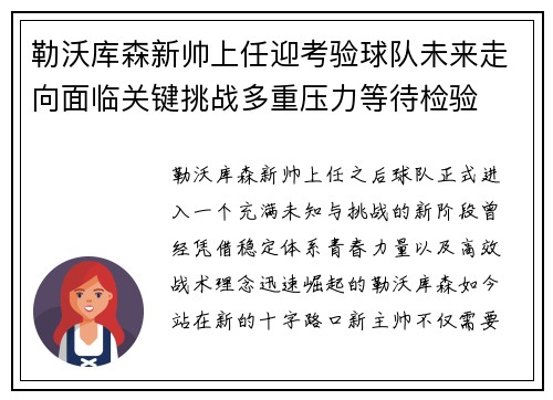勒沃库森新帅上任迎考验球队未来走向面临关键挑战多重压力等待检验 勒沃库森新帅上任迎考验球队未来走向面临关键挑战多重压力等待检验